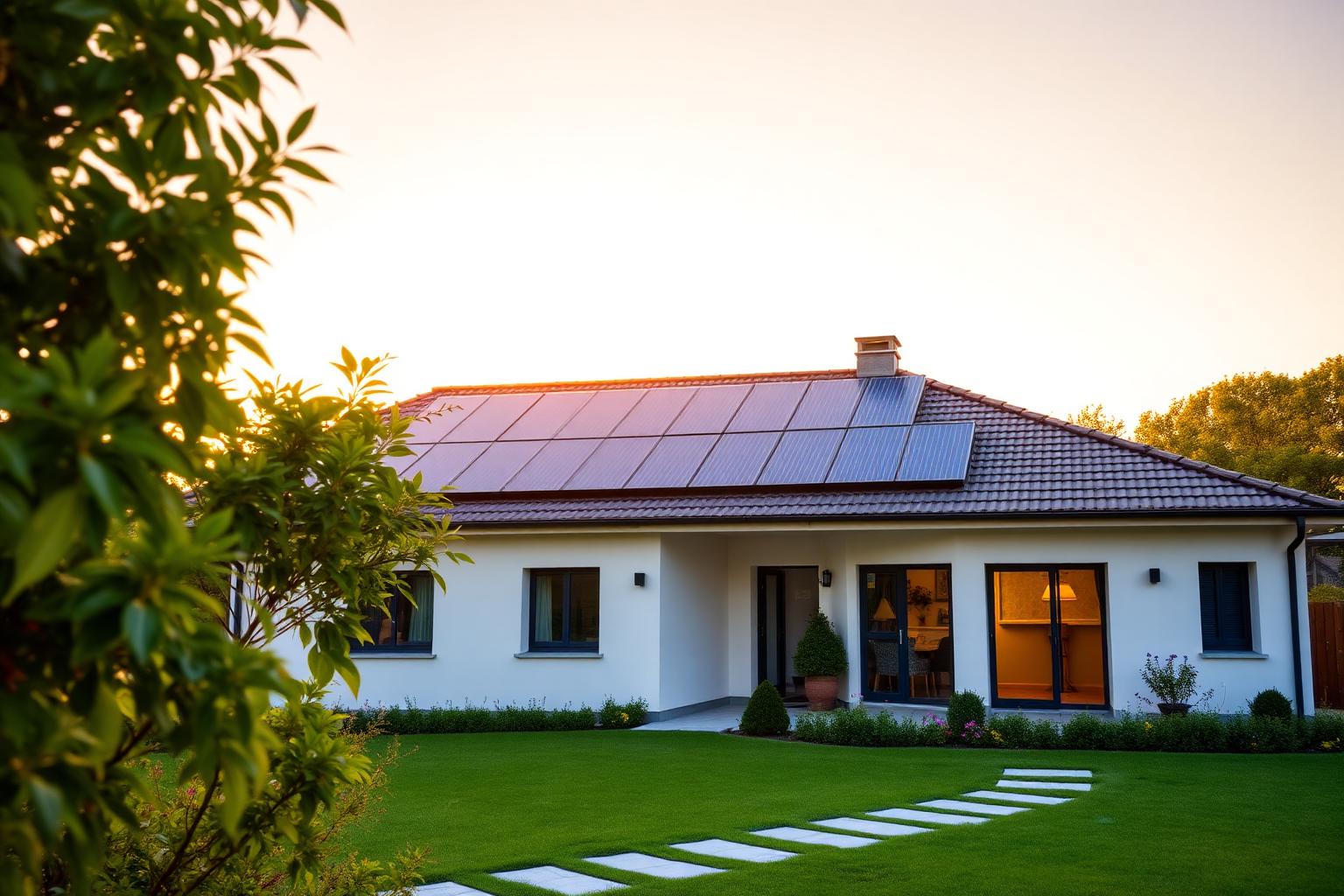 Casa efficiente con impianto fotovoltaico al tramonto — risparmio energetico